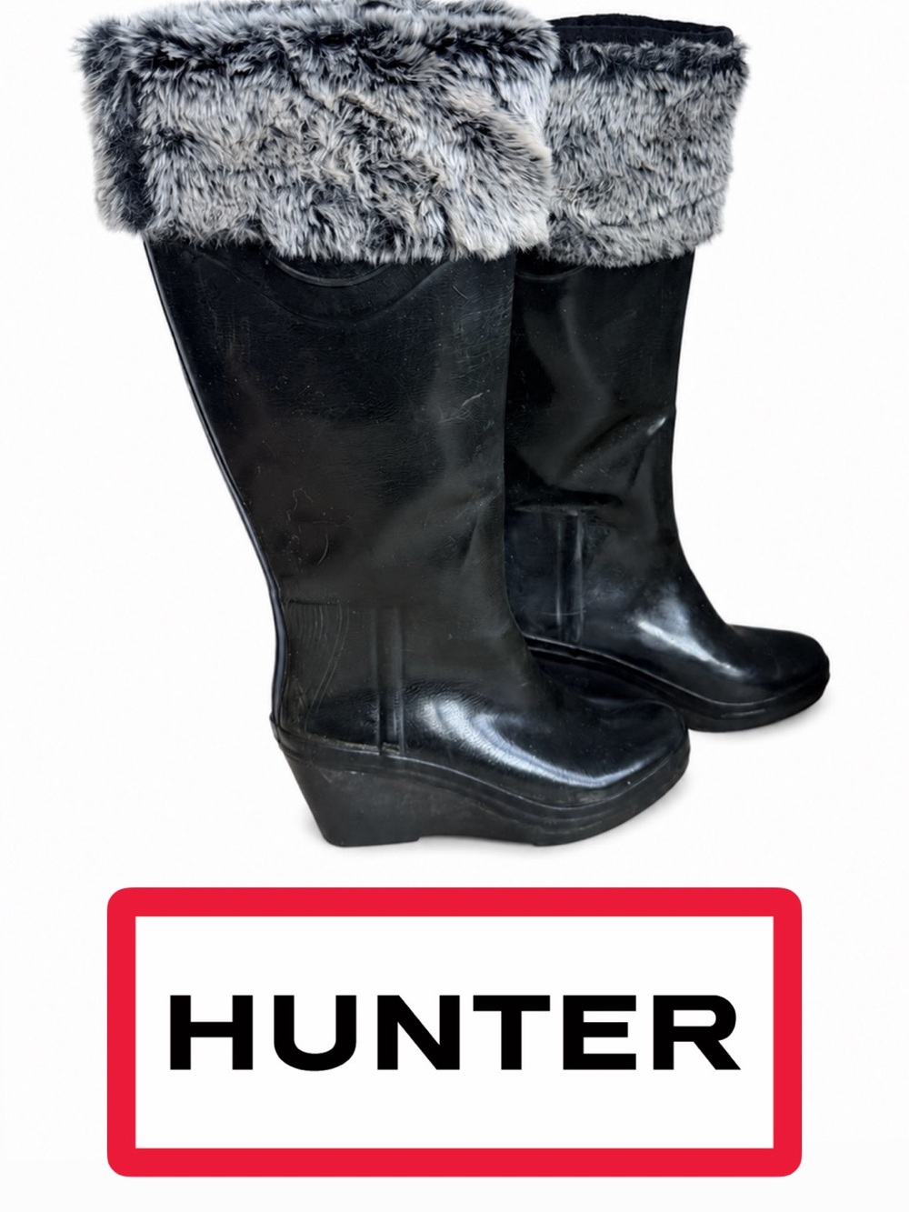 HUNTER Rare Tall Wedge Rain Boots with Crest Emblem & Gray Faux Fur Cuff Insert